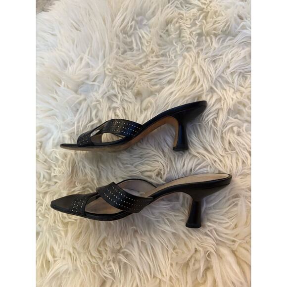 Chanel Black Leather Kitten Heel Slide Sandals 37 US 7 Cross Strap Mules CC Logo - Picture 4 of 11
